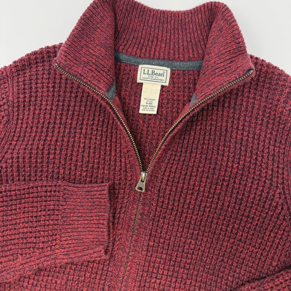 LL Bean Mens Medium Reg Organic Cotton Full Zip Cardigan Sweater Burgundy‎ Marl